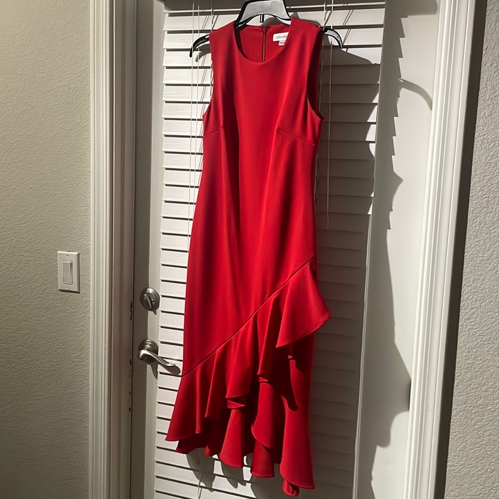 Beautiful red Calvin Klein tulip hem crepe dress size 4.
